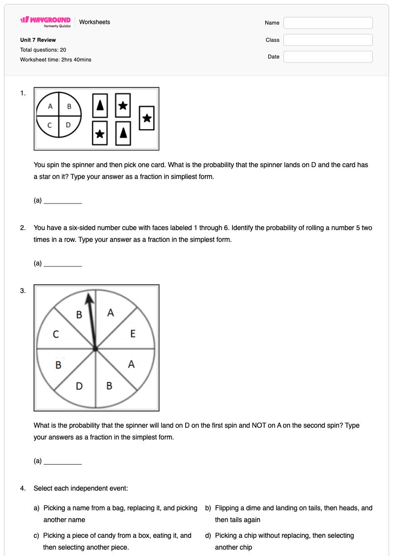 Unit 7 Review - Printable Independent-and-dependent-events Worksheets - Wayground