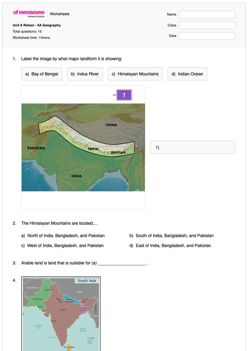 Unit 8 Retest - 4A Geography - พิมพ์ได้ Self-image เวิร์กชีท ระดับ 6 - Wayground