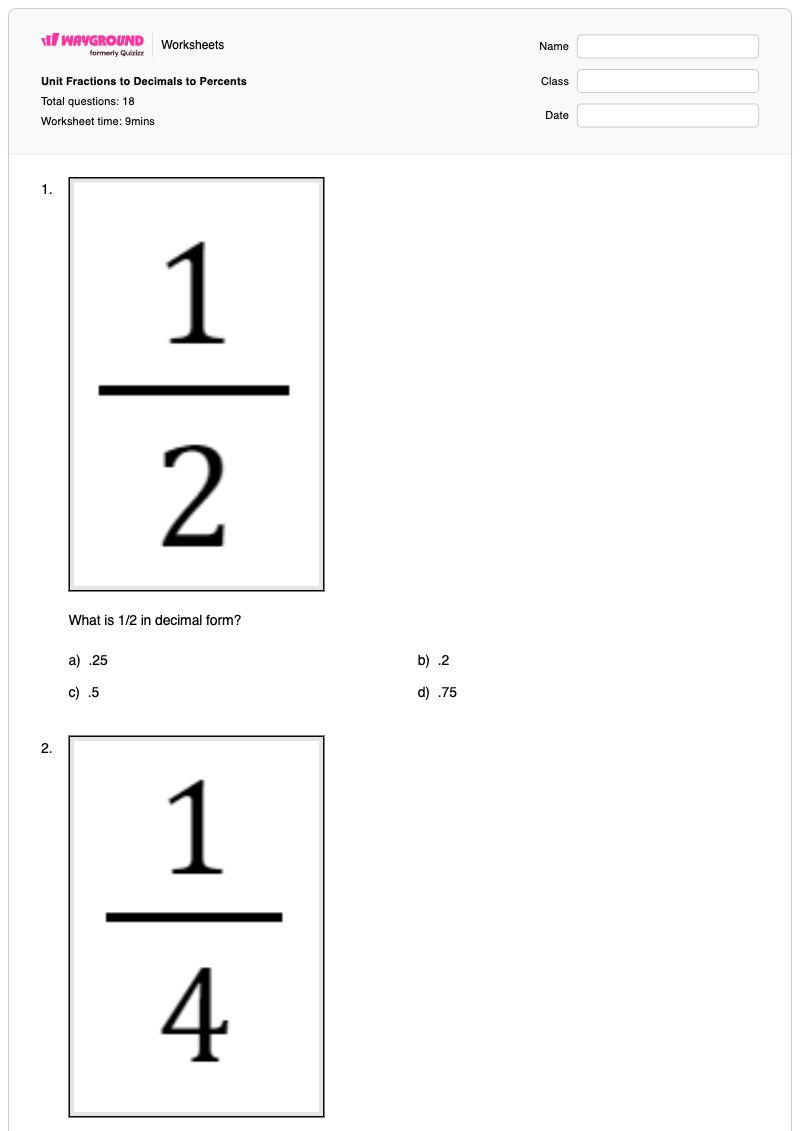 Unit Fractions to Decimals to Percents - พิมพ์ได้ หน่วยที่ไม่เป็นมาตรฐาน เวิร์กชีท - Wayground