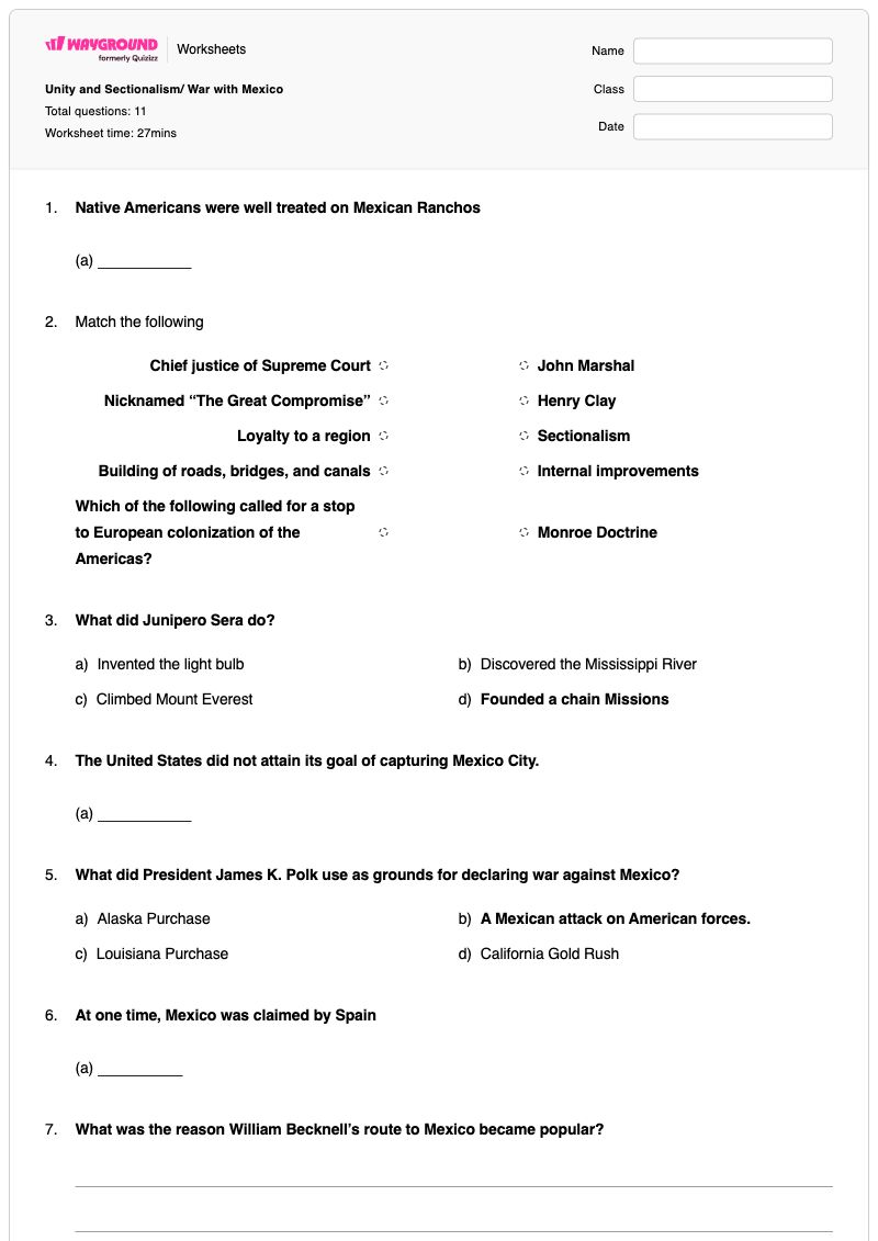 Unity and Sectionalism/ War with Mexico - Printable European-colonization-of-the-americas Worksheets Year 8 - Wayground
