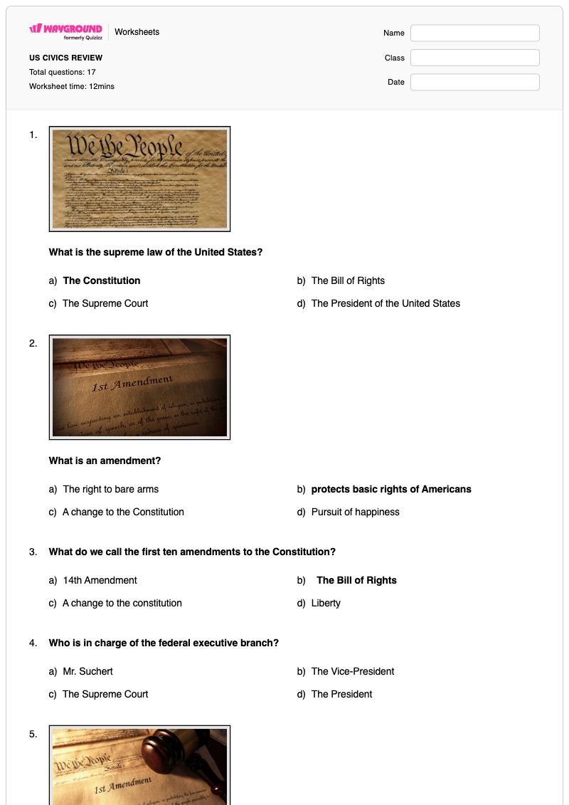US CIVICS REVIEW - พิมพ์ได้ Civics-&-government เวิร์กชีท ระดับ 7 - Wayground