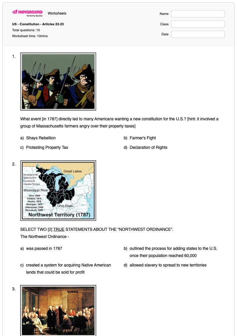 US - Constitution - Articles 22-23 - พิมพ์ได้ จุดแข็งของตัวละคร เวิร์กชีท ระดับ 8 - Wayground