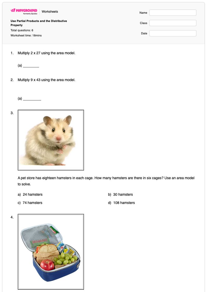 Use Partial Products and the Distributive Property - Printable Multiplication-and-area-models Worksheets Year 5 - Wayground