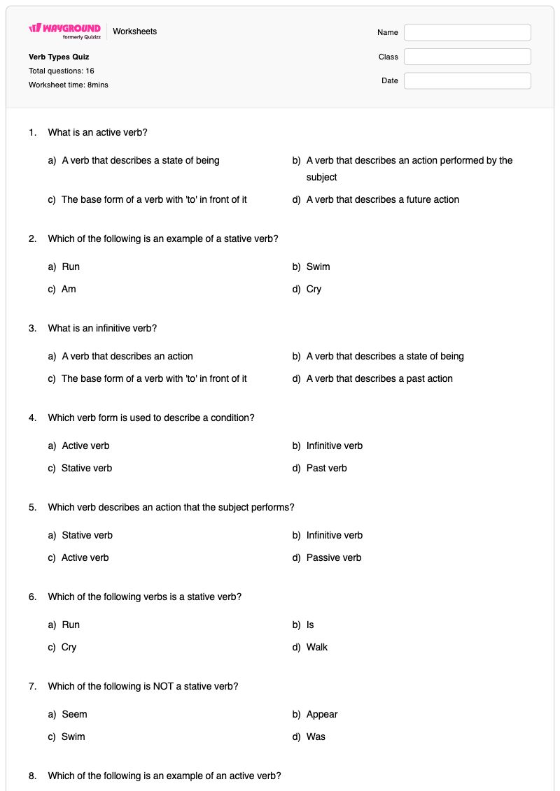 Verb Types Quiz - พิมพ์ได้ ประเภทของคำกริยา เวิร์กชีท - Wayground