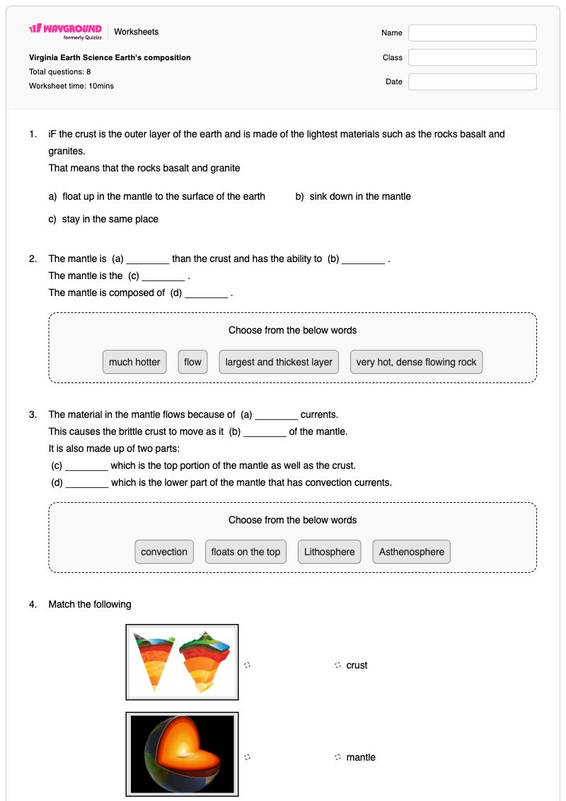 Virginia Earth Science Earth's composition - Printable Earth's-crust Worksheets Grade 8 - Wayground