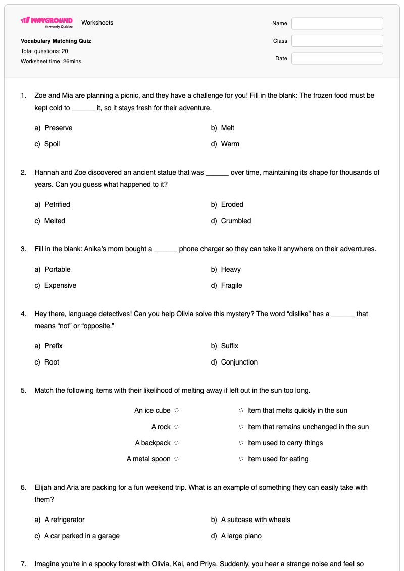 Vocabulary Matching Quiz - พิมพ์ได้ การนับและการจับคู่ เวิร์กชีท โรงเรียนอนุบาล - Wayground
