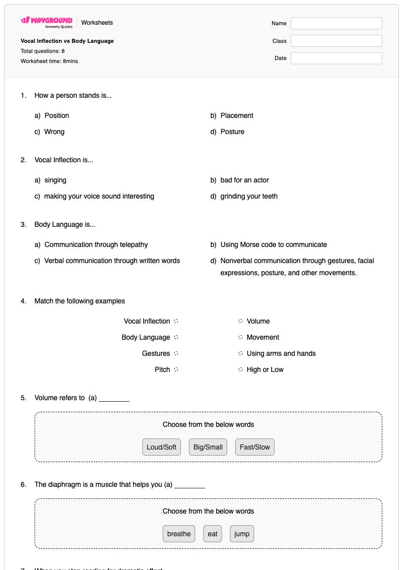 Vocal Inflection vs Body Language - พิมพ์ได้ Body-safety เวิร์กชีท ระดับ 5 - Wayground