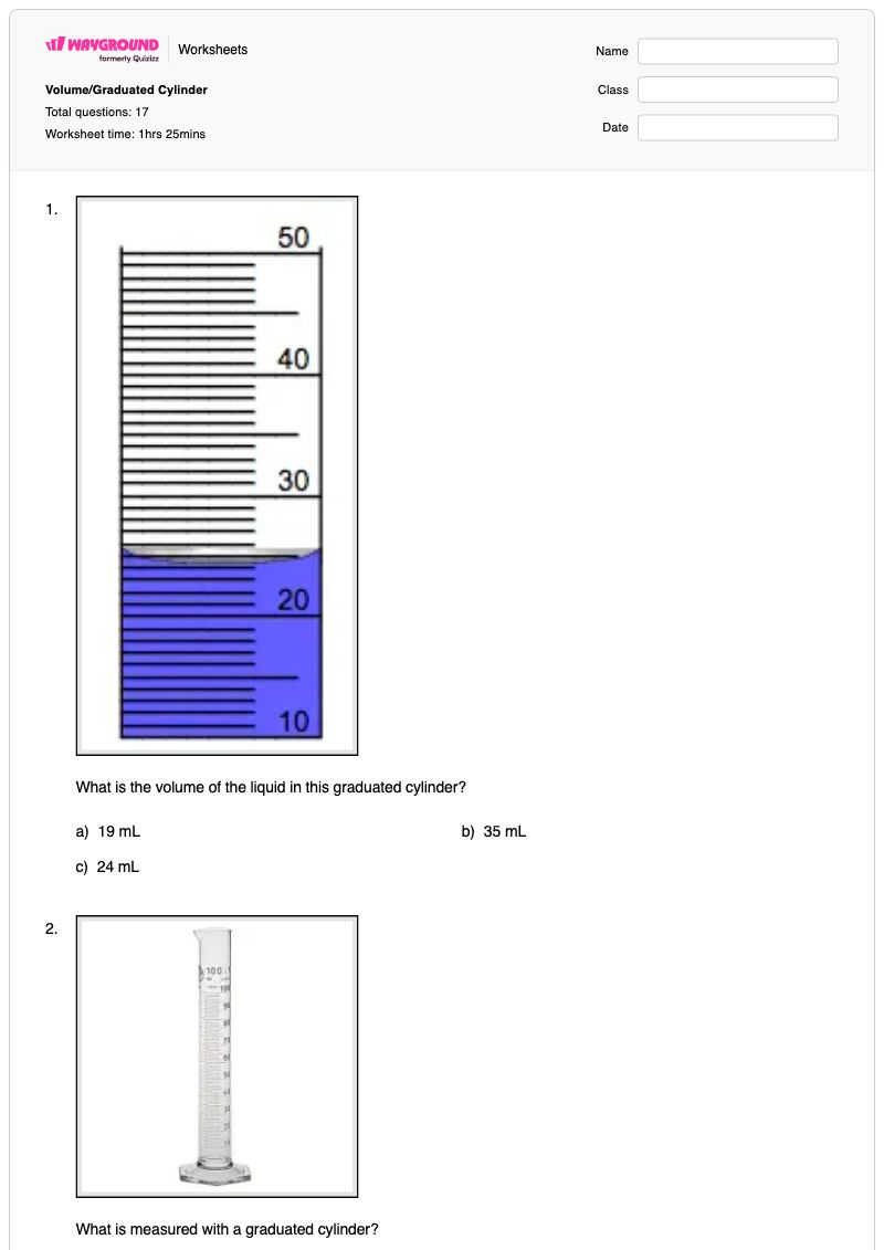 Volume/Graduated Cylinder - พิมพ์ได้ กระบอกสูบแบบมีขีดบอกระดับ เวิร์กชีท ระดับ 6 - Wayground
