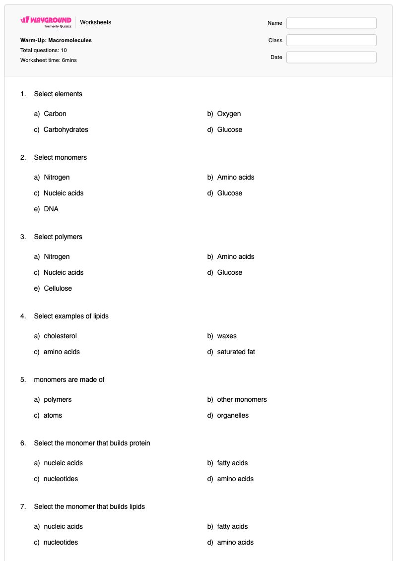 Warm-Up: Macromolecules - พิมพ์ได้ Building-atoms เวิร์กชีท ระดับ 9 - Wayground