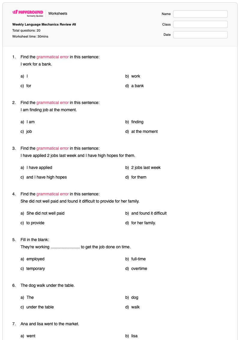 Weekly Language Mechanics Review  #8 - พิมพ์ได้ การระบุความรู้สึก เวิร์กชีท ระดับ 5 - Wayground