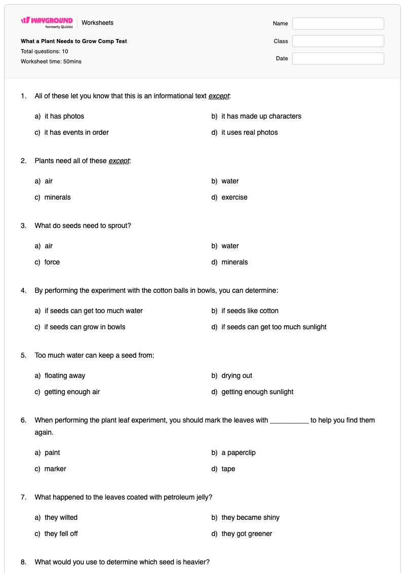 What a Plant Needs to Grow Comp Test - พิมพ์ได้ ความต้องการของพืช เวิร์กชีท - Wayground