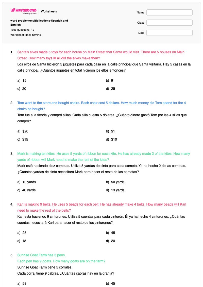 word problem/multiplications-Spanish and English - Imprimible Factor-arcoíris Hojas-de-trabajo Grado 4 - Wayground