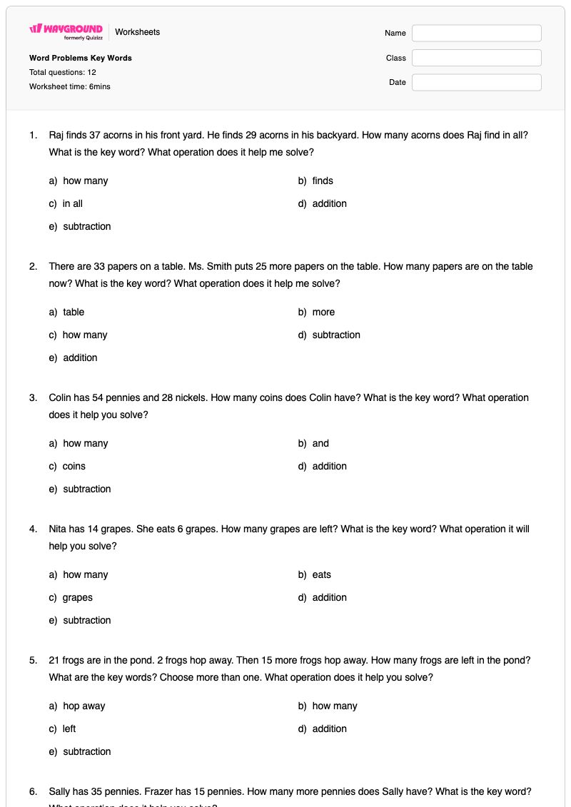 Word Problems Key Words - Printable Subtraction-and-inverse-operations Worksheets Grade 2 - Wayground
