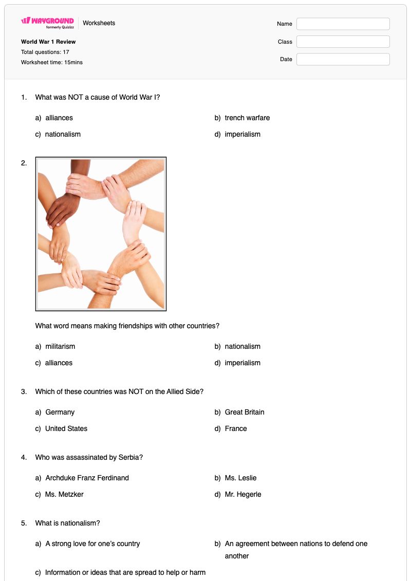 World War 1 Review - Printable World-war-i-vocabulary Worksheets Year 7 - Wayground