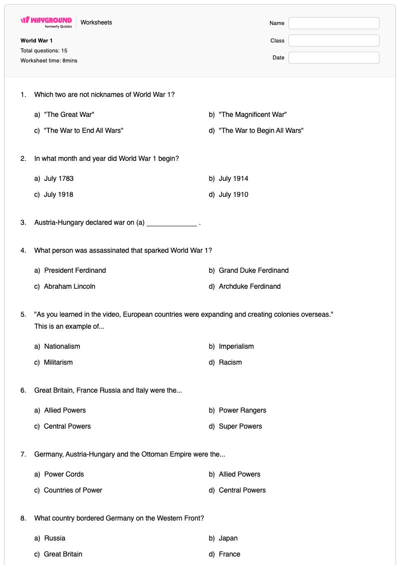 World War 1 - Printable Countries-involved-in-world-war-2 Worksheets Class 8 - Wayground