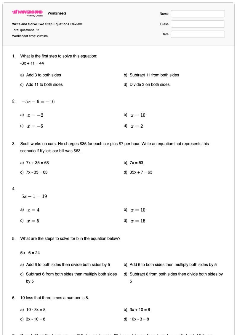 Write and Solve Two Step Equations Review  - Printable Two-step-equations Worksheets - Wayground