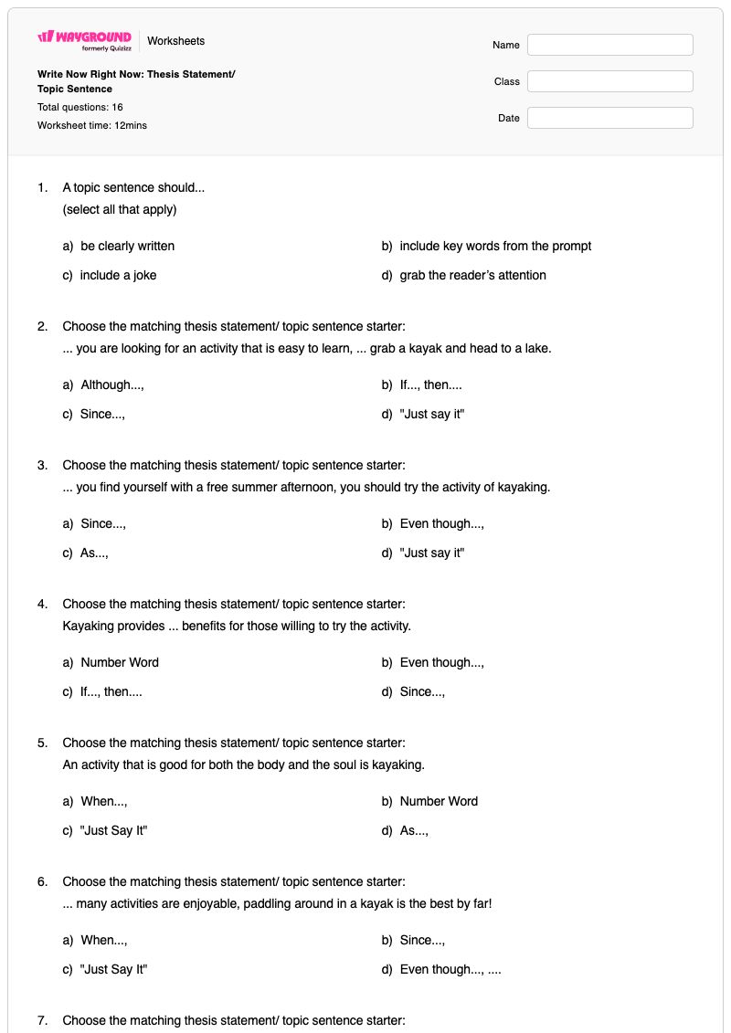 Write Now Right Now: Thesis Statement/ Topic Sentence - พิมพ์ได้ คำชี้แจงวิทยานิพนธ์ เวิร์กชีท ระดับ 6 - Wayground