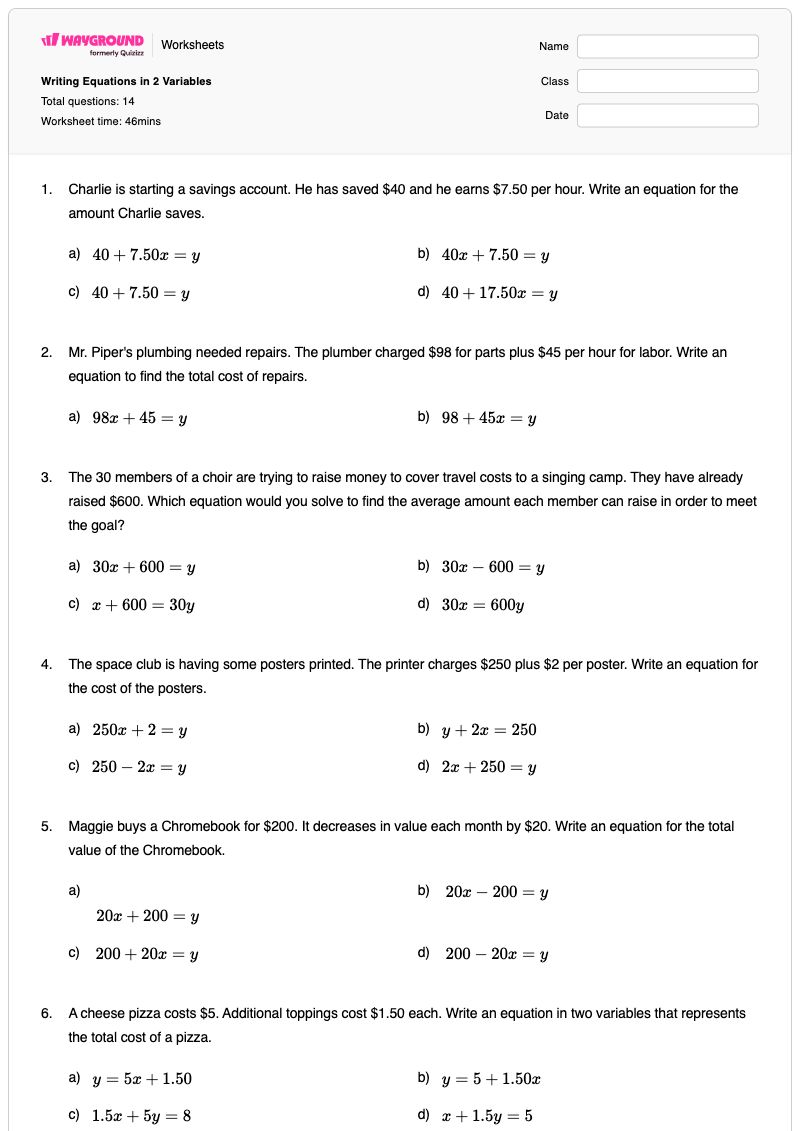 Writing Equations in 2 Variables - Printable Two-step-equations Worksheets - Wayground