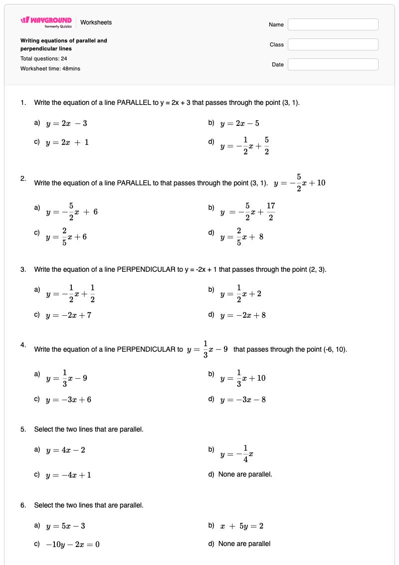 Writing equations of parallel and perpendicular lines - Printable Writing-equations Worksheets Year 11 - Wayground