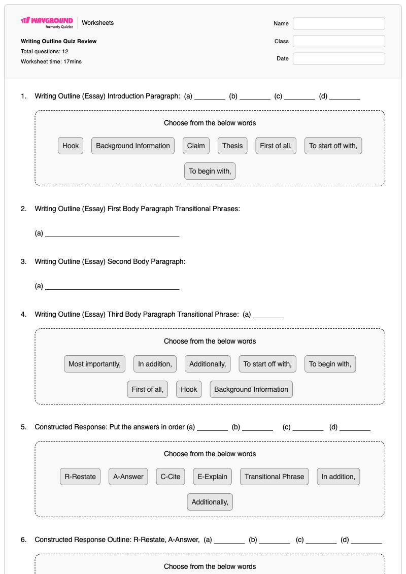 Writing Outline Quiz Review - พิมพ์ได้ อุปกรณ์เปลี่ยนผ่าน เวิร์กชีท ระดับ 7 - Wayground