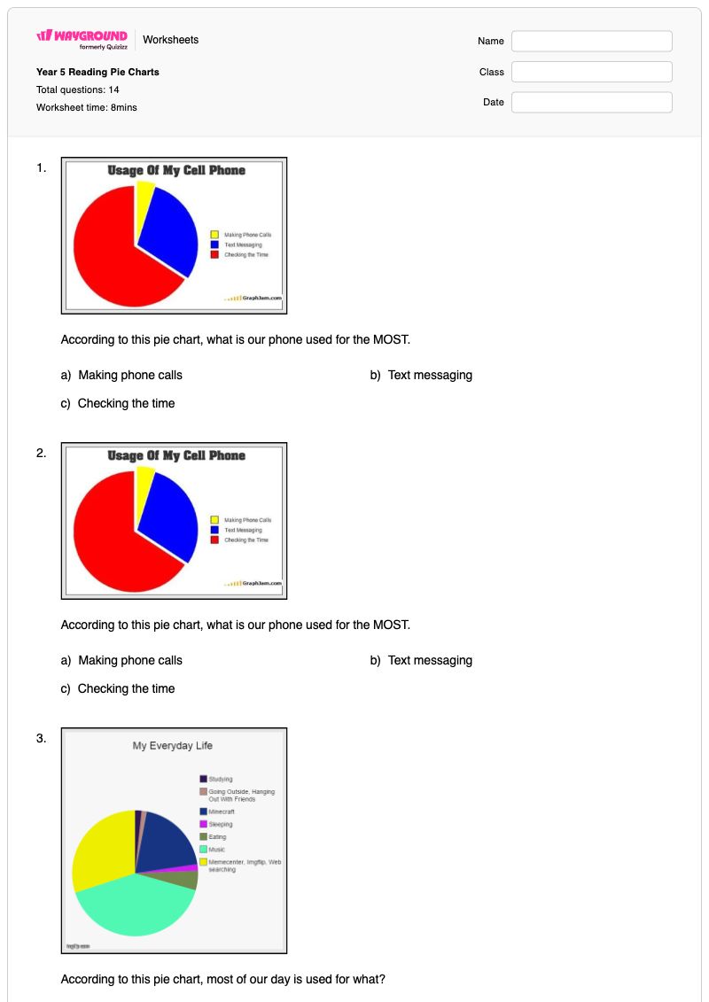 Year 5 Reading Pie Charts  - พิมพ์ได้ Reading-charts เวิร์กชีท ระดับ 5 - Wayground